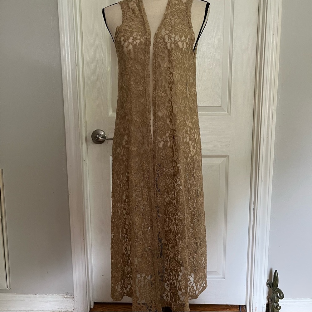 Lula Joy Women’s sz S Gold Lace Stretch Cardigan Open Front Duster Best